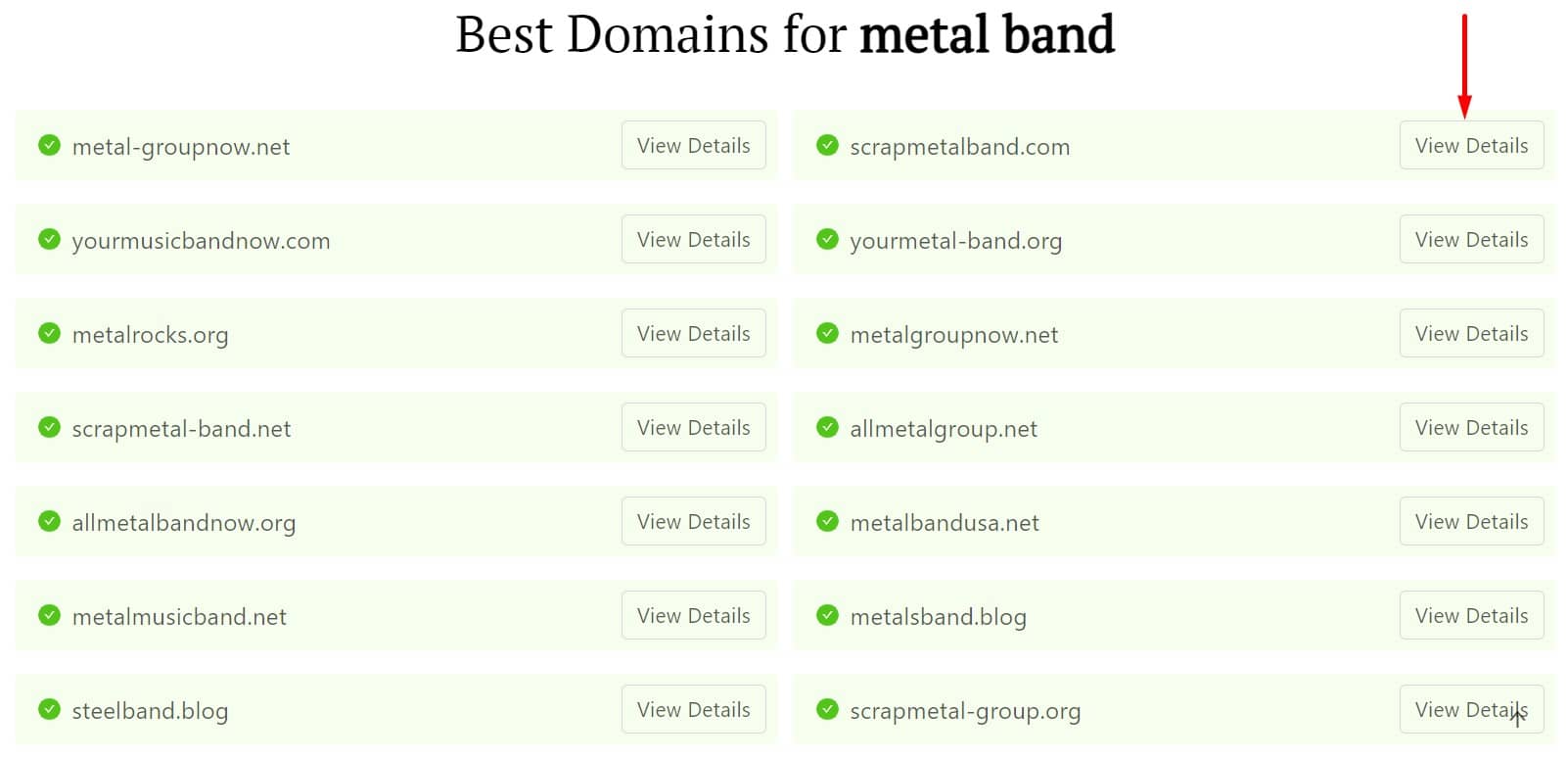DomainWheel metal band name generator search results with a red arrow pointing to the "View Details" button in the top right result