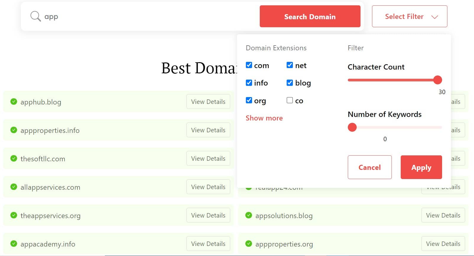 DomainWheel app name generator search filters