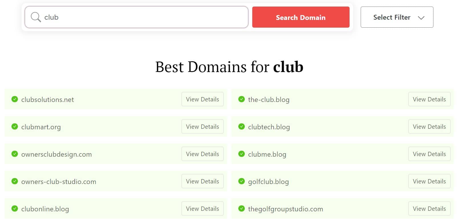 DomainWheel club name generator search results for "club"