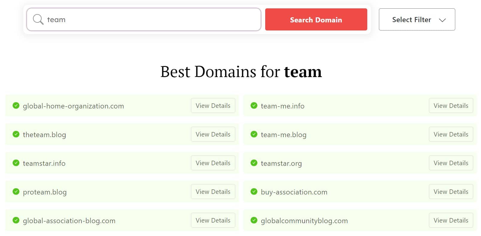 DomainWheel team name generator search results for "team"