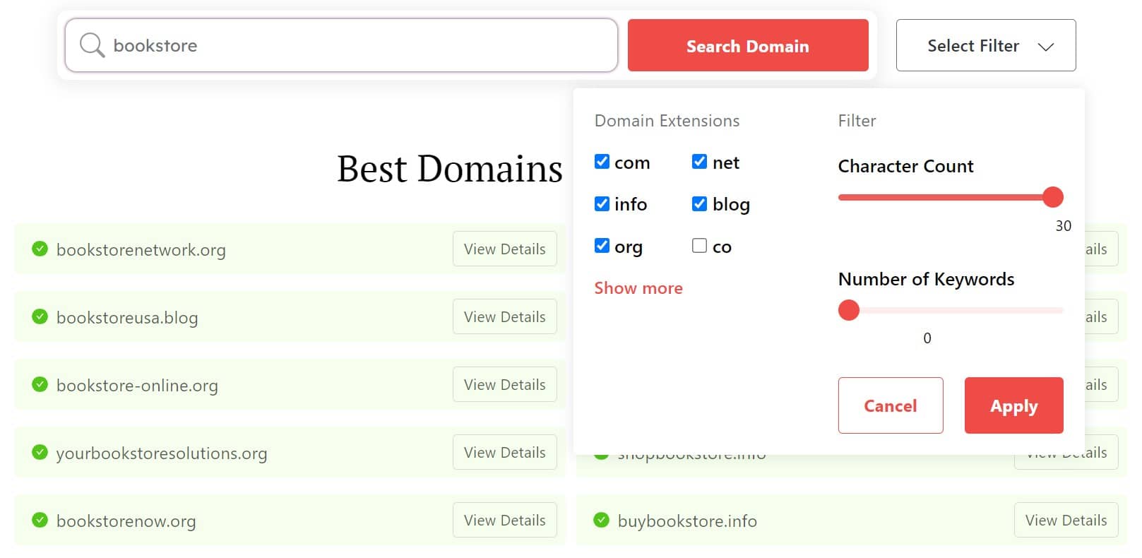DomainWheel bookstore generator search filters for domain extensions, character count, and number of keywords