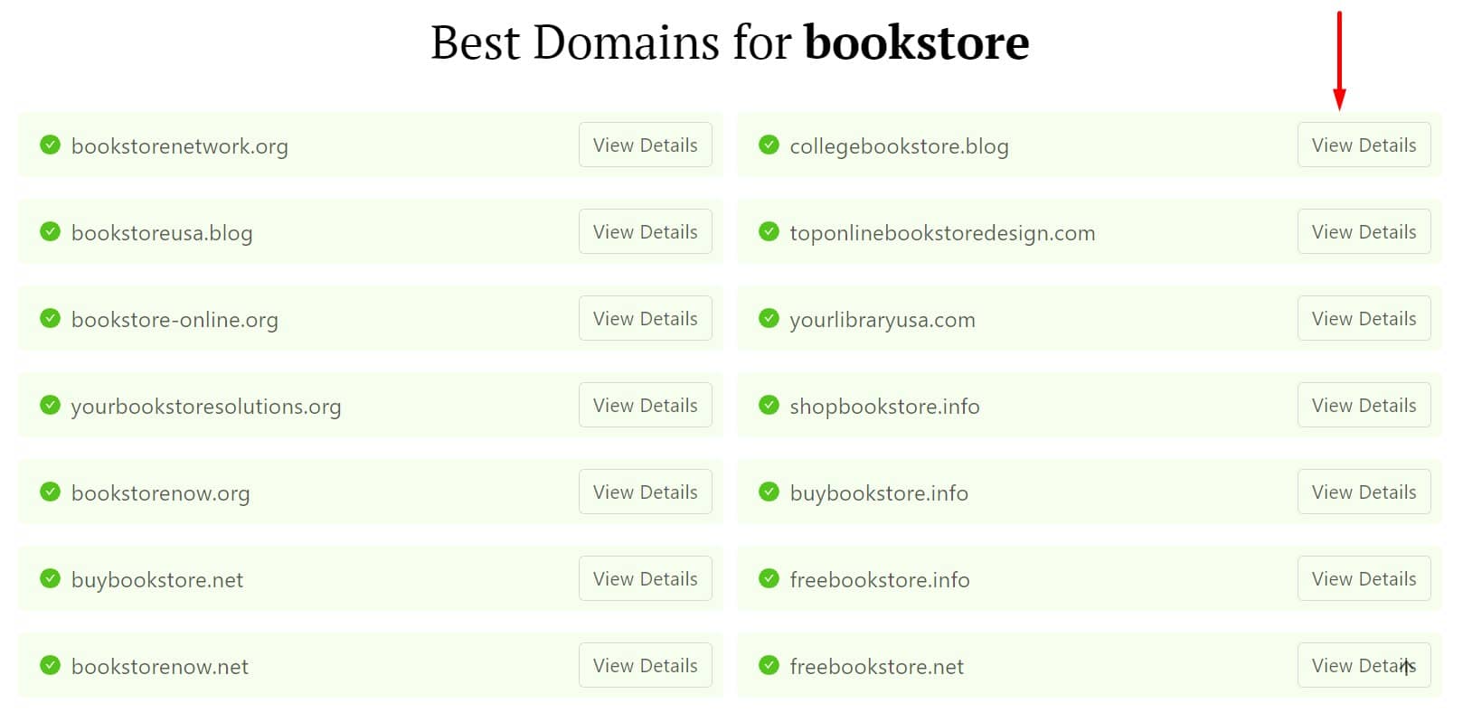 DomainWheel bookstore name generator with a red arrow pointing to the "View Details" button for the top right result