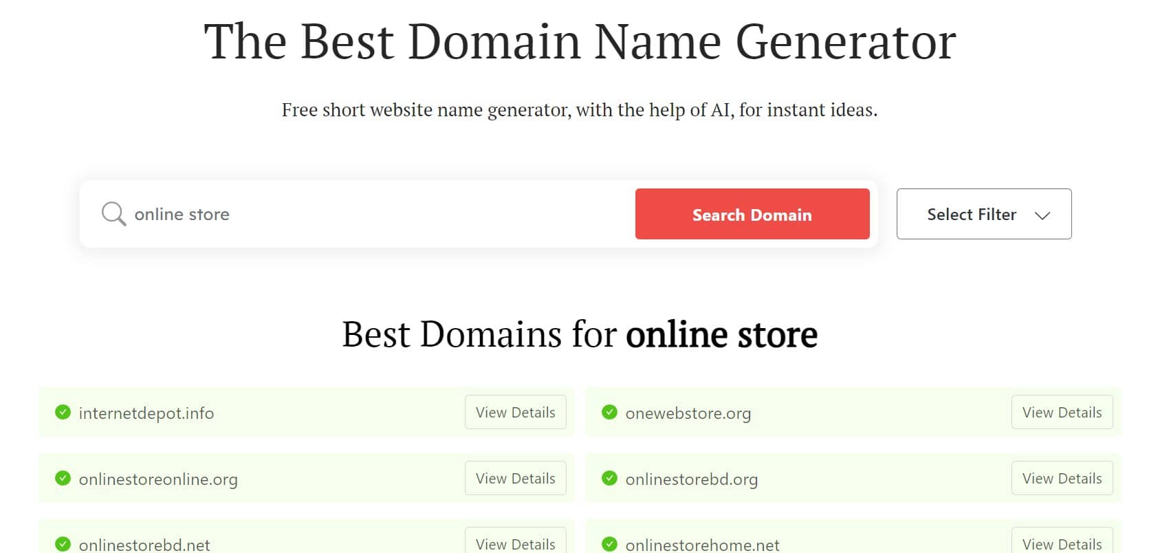 DomainWheel shop name generator search results for "online store"