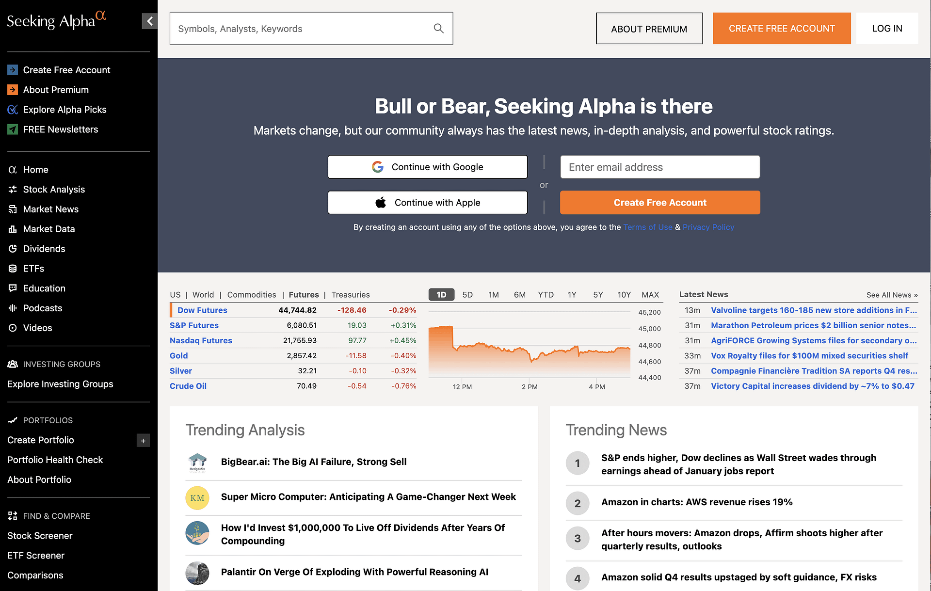 Seeking Alpha homepage.