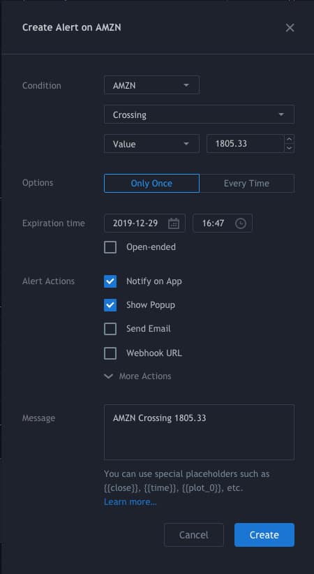 Trading View create alert page