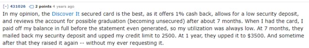 Discover It Secured - Reddit recommendation