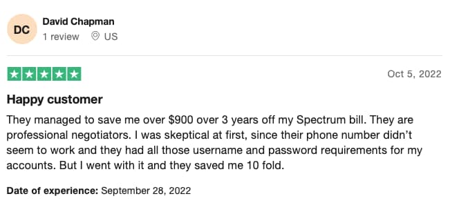 Positive Customer Review of BillTrim on Trustpilot