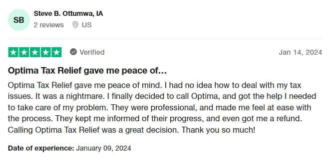 Optima Tax Relief: Positive Trustpilot Review