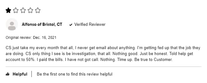 Credit Saint's negative customer review on Consumer Affairs