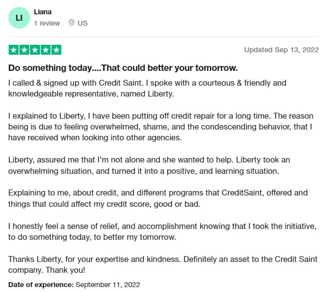 Credit Saint positive customer review on Trustpilot