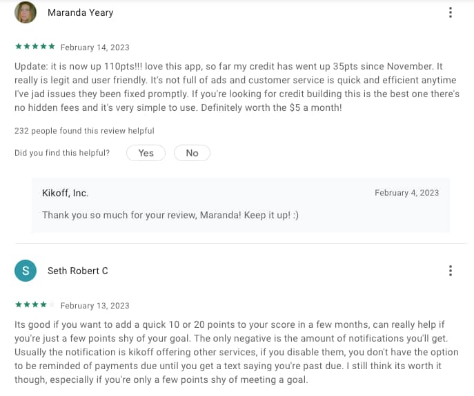 Kikoff positive reviews on Google Play Store
