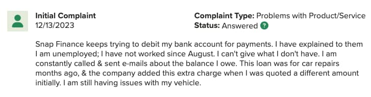 Snap Finance BBB Complaint