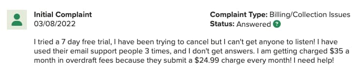 Customer complaint on ExtraCredit’s BBB page