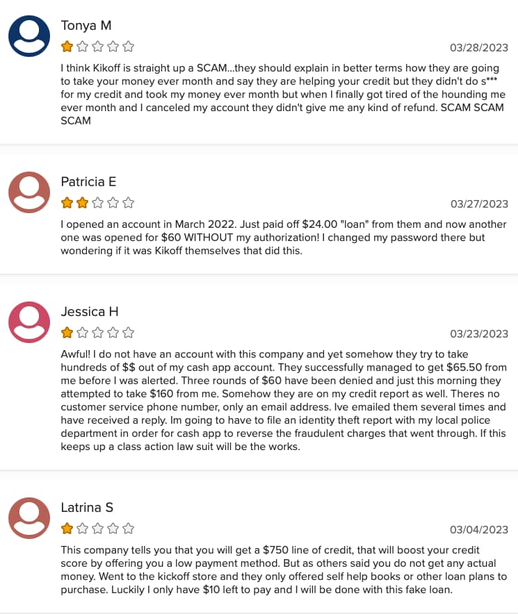 Kikoff negative reviews on Better Business Bureau