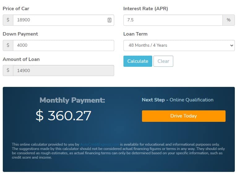 Auto Credit Express monthly payment calculator