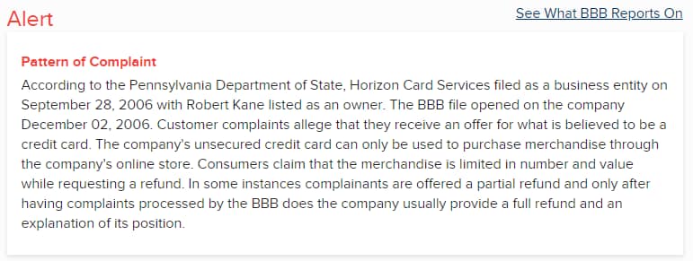 Horizon Card Services BBB alert