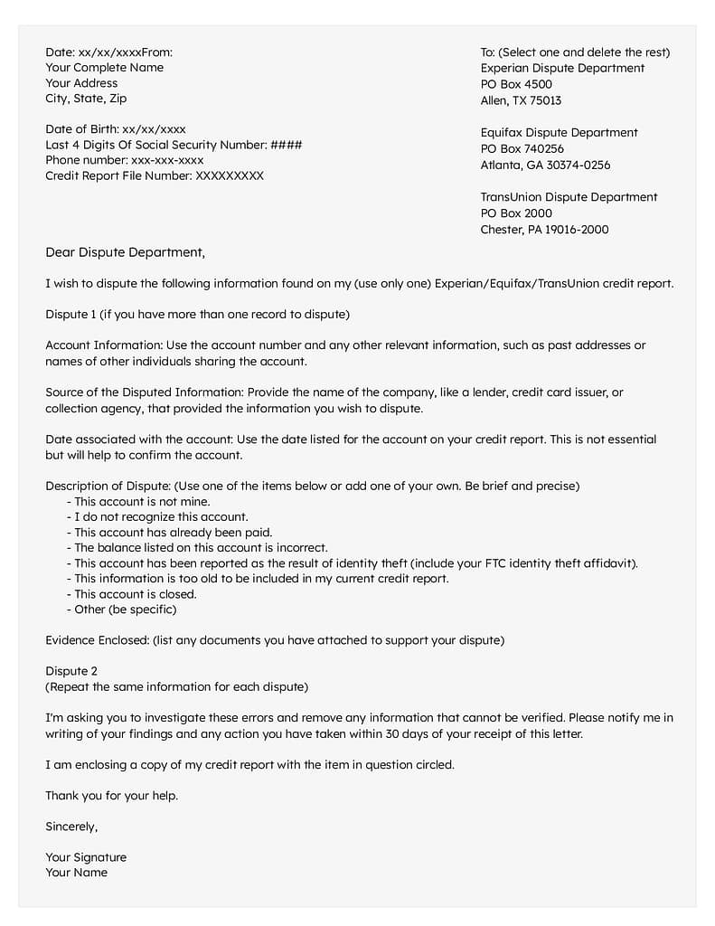 609 credit dispute letter sample