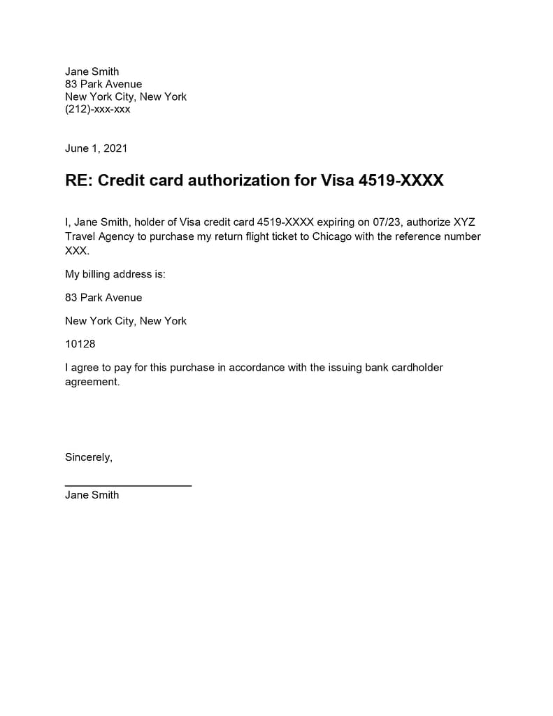 Credit card authorization letter sample