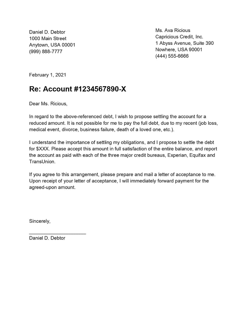 Debt settlement letter sample