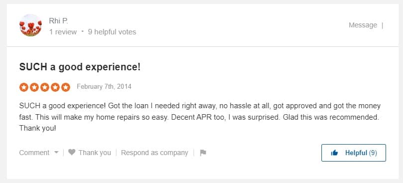 PersonalLoans.com positive customer review praising the speed of service