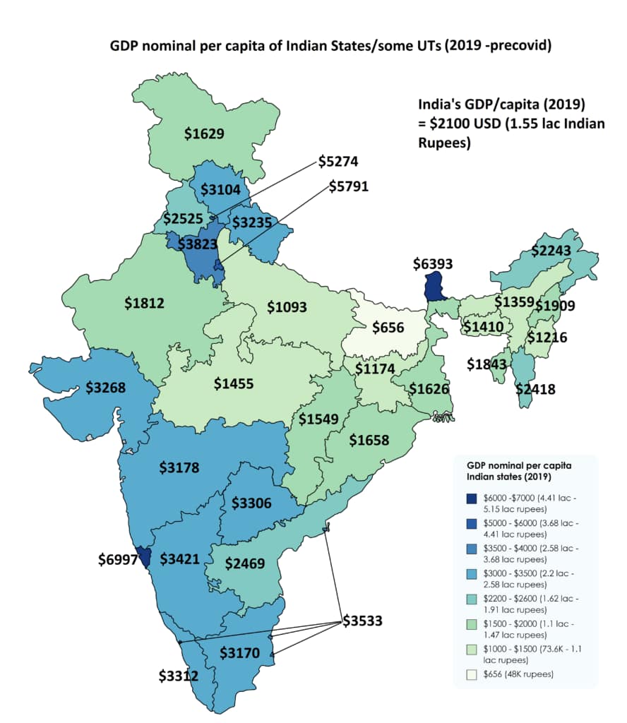 GDP nominal per capita of Indian States-(India's GDP per capita 2019 - precovid)
