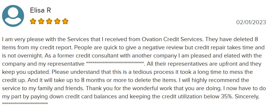 Positive review of Ovation Credit Repair on BBB