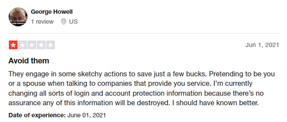 Negative customer review of BillTrim on Trustpilot